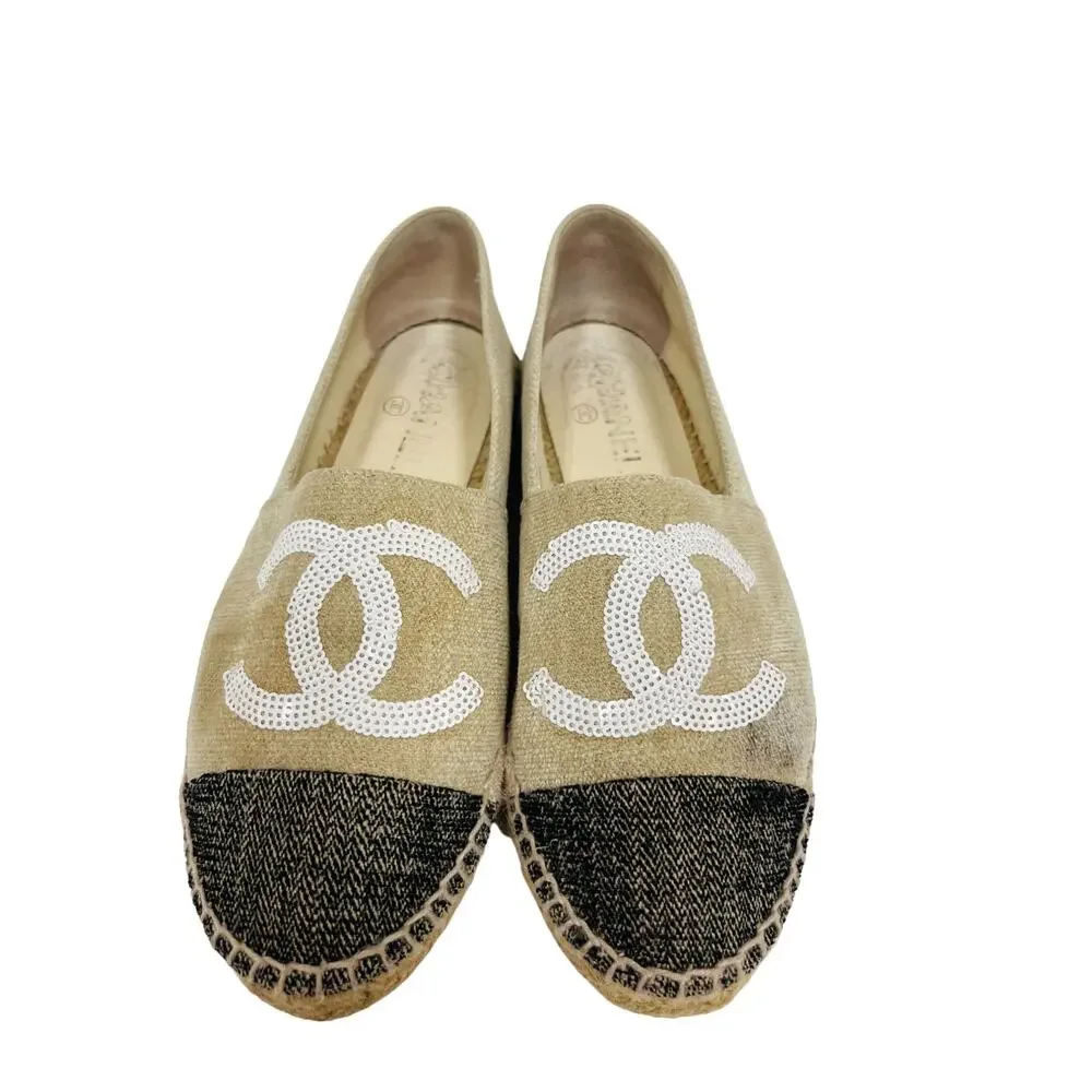 CHANEL Beige Black CC Toile Canvas Sequin Espadrilles Flats Size 37 US 7 - Picture 4 of 9
